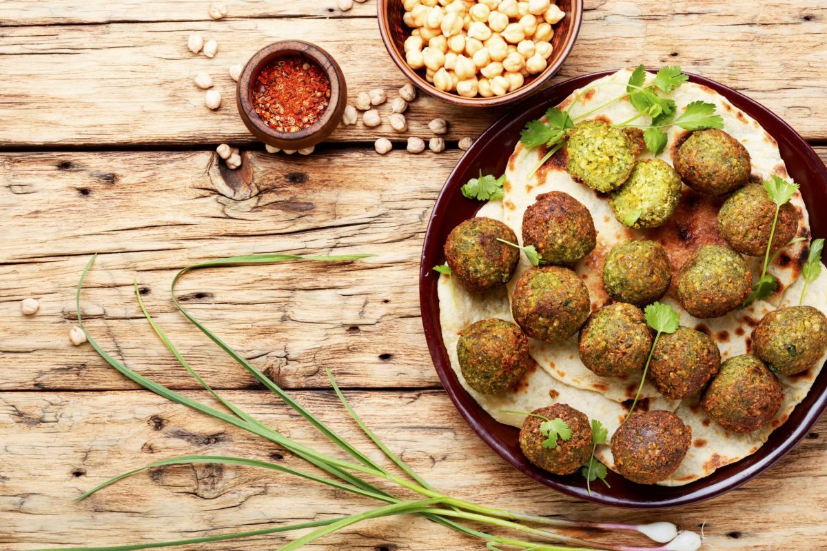 Falafel balls made from chopped legumes or chickpeas.Fresh chickpeas falafel
