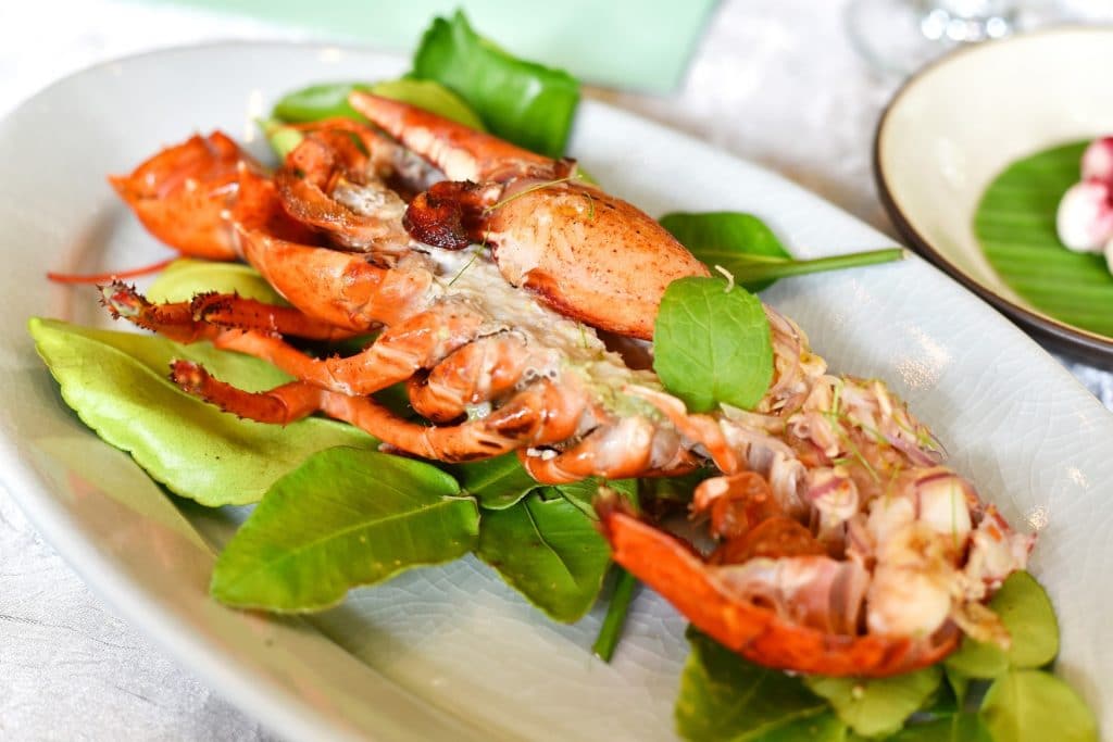 Top view of delicious freshly steamed lobster on a white slate plate