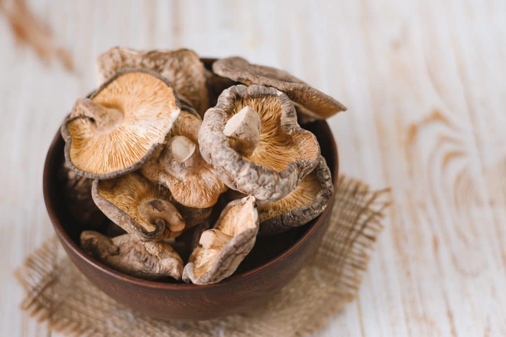 Close up of dried shiitake mushrooms on wooden background.