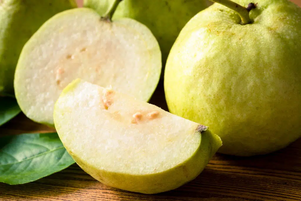 Close up of Fresh guava fruit on wooden table.