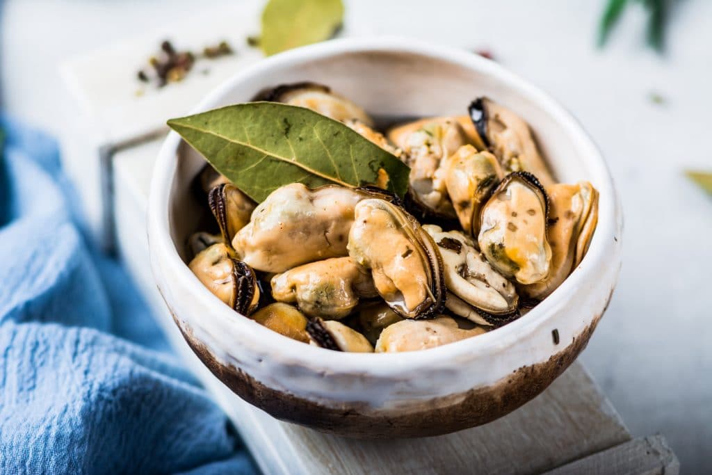 Mussels, molluscs, seaweed, sea plants, mussel meat, healthy food, seafood gourmet food Mediterranean cuisine delicious dish