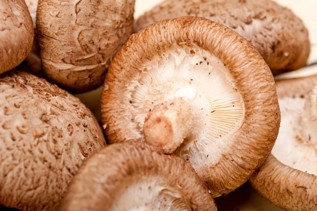 fresh shiitake mushrooms on a rustic wood table