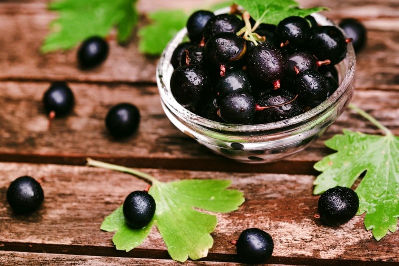 Close up glass bowl full of fresh black currant berries and green leaves on wooden surface. Selective focus