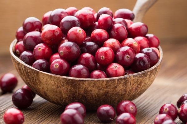 Cranberries in wooden bowl on wooden background.