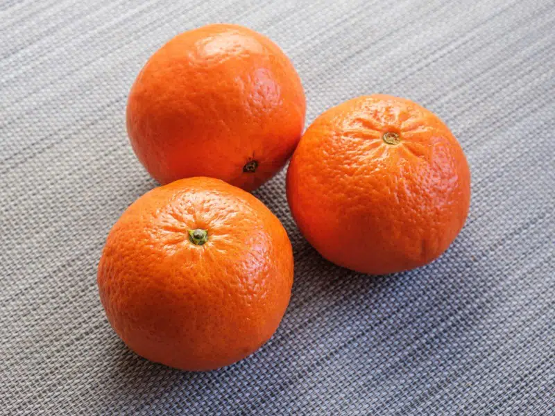 Three large orange tangerines on the table. Popular citrus fruits. Mandarin fruits are used fresh and for the manufacture of fruit juices and compotes.