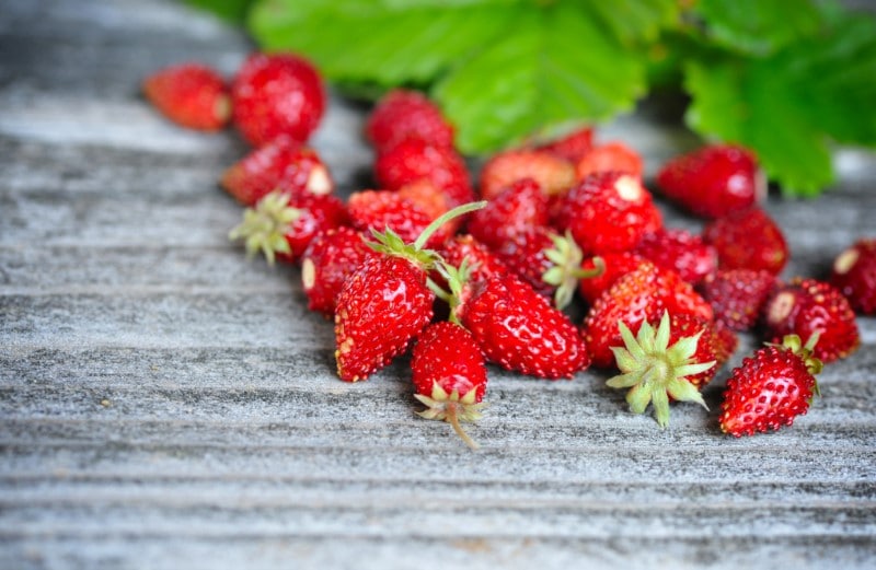 Fresh wild strawberries on an old wooden table