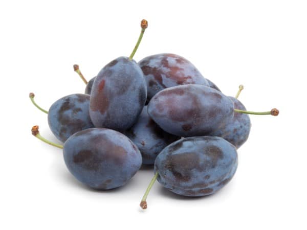 Whole fresh purple Damson plums on white background