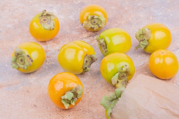 Yellow date plums isolated on a pink background. High quality photo